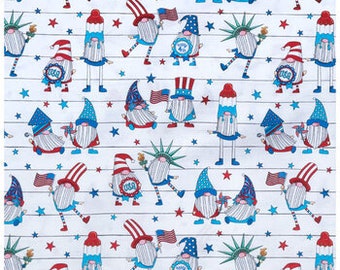 Patriotic Gnomes Cotton Fabric, 4th Of July Gnomes Cotton Fabric, Independence Day Fabric, Holiday Fabric, Sold in HALF yard Increments