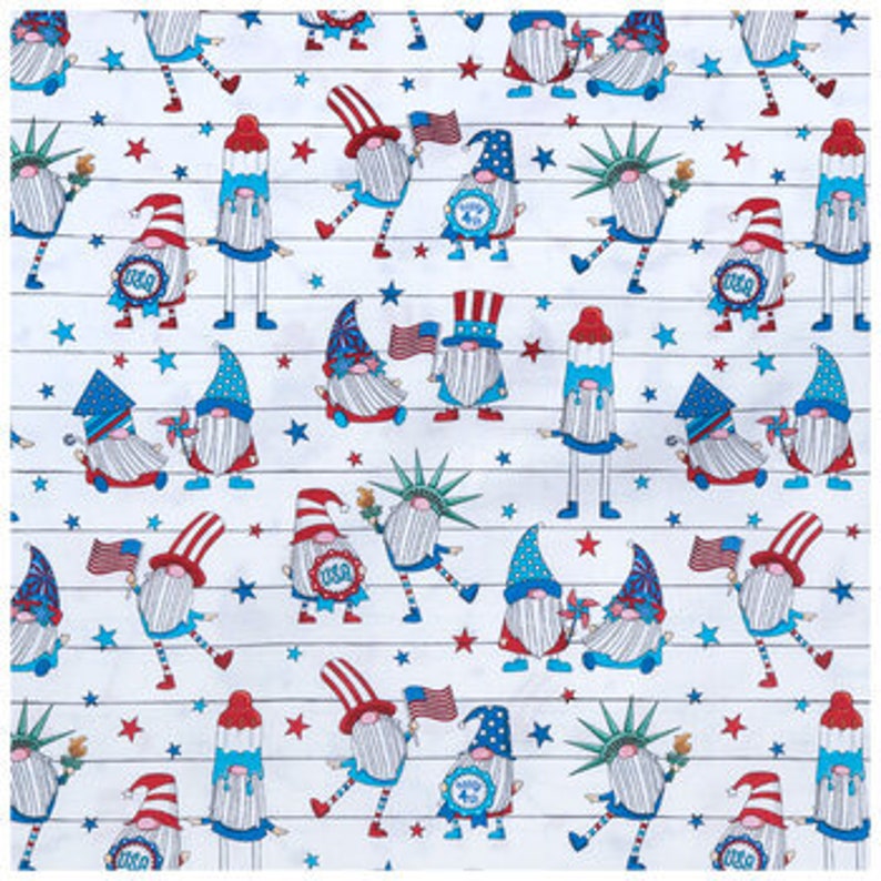 Patriotic Gnomes Cotton Fabric, 4th Of July Gnomes Cotton Fabric, Independence Day Fabric, Holiday Fabric, Sold in HALF yard Increments image 1