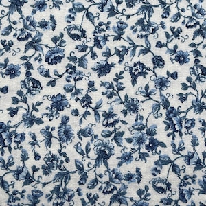 Blue Floral on Cream Cotton Fabric. Floral Cotton Fabric.