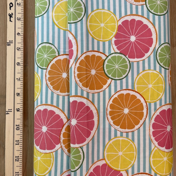 Citron On Striped, Lemon, Limes and Oranges, Fruit Fabric, Colorful Cotton Fabric, Sold in HALF yard Increments