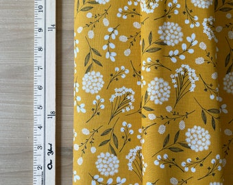 Mustard Yellow Woodland, white flowers on mustard background,  Fall Mustard Fabric.  Sold in HALF yard Increments
