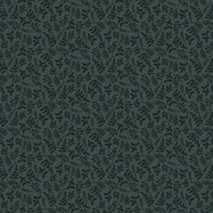 May include: A seamless pattern featuring a dark teal background with a repeating pattern of black silhouettes of various leaves and branches.