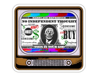 Obey & Consume Retro TV Sticker, Dystopian Art Decal