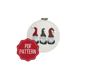 Gnome Embroidery Pattern | Trio of Holiday Gnomes in Green & Red DIY Instant Download | Festive Hand Embroidery Design