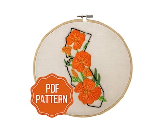 California State Flower Embroidery Pattern | California Poppy DIY Instant Download | Modern Botanical Hand Embroidery Design