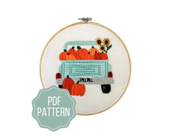 Pumpkin Patch Pickup Truck Embroidery Pattern | Light Blue Truck with Pumpkins DIY Instant Download | Autumn Hand Embroidery Design