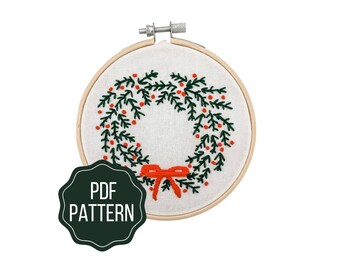 Wreath Embroidery Pattern | Christmas Green & Red Wreath with Cute Bow DIY Instant Download | Festive Hand Embroidery Design