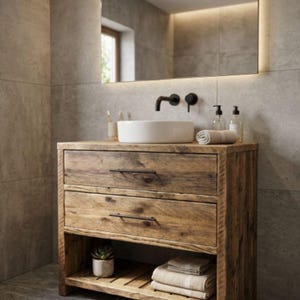 Reclaimed Rustic Wood Bathroom Vanity Unit | Freestanding Solid Timber Washstand with Storage | Halyard
