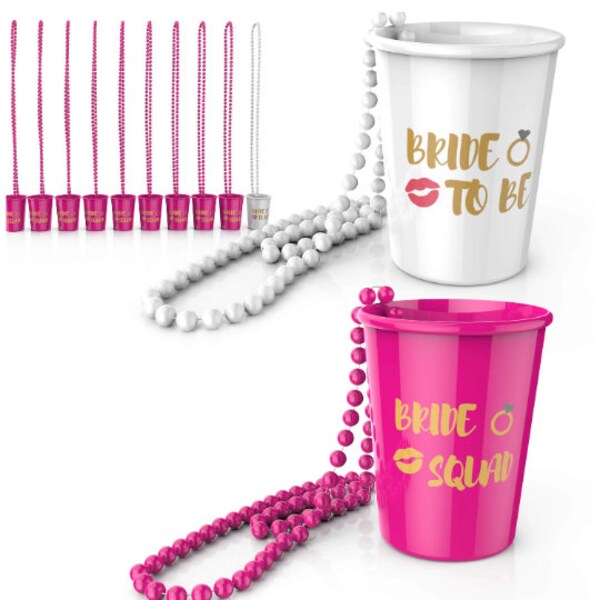 Bachelorette Party Decorations Shot Glasses Necklace Bead Shots Necklaces Drinking Supplies I 12 PCs - 1 White Bride Cup, 11 Pink Squad Cups