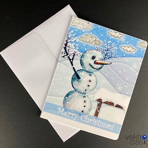 Tarjeta de felicitación personalizable, tarjeta hecha a mano, tarjeta de muñeco de nieve, tarjeta de felicitación para niños, tarjeta de Navidad, tarjeta de invierno, 4.25 x 5.5 pulgadas, en blanco por dentro