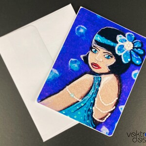 Flapper Girl handgemaakte wenskaart, aanpasbare kaart, liefdeskaart, geïllustreerde kaart, brullende 20's kaart, blanco binnen, 4,25 x 5,5 inch