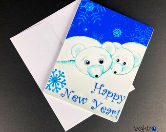 New Year Card, Polar Bears Card, Handmade Greeting Card, Customizable Greeting Card, Kid Greeting Card, 4.25 x 5.5 inch, Blank Inside