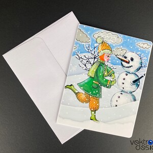 Tarjeta de felicitación ilustrada, niña y muñeco de nieve, tarjeta personalizable, tarjeta de felicitación hecha a mano, tarjeta de invierno, 4,25 x 5,5 pulgadas, en blanco por dentro