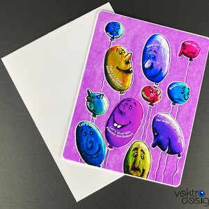 Cartão de aniversário feito à mão, cartão de balões, cartão de aniversário engraçado, cartão branco, presente de aniversário, 4,25 x 5,5 polegadas, cartão personalizável