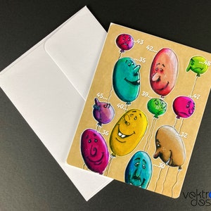 Handgemachte Grußkarte, Geburtstagskarte, lustige Geburtstagskarte, Baloons Karte, personalisierbare Karte, Geburtstagsgeschenk. 14,5 x 14,5 zoll, Innen blanko