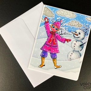 Handgemachte, anpassbare Grußkarte, Mädchen und Schneemann, KinderGrußkarte, Freundschaftskarte, Winter, 12 x 14,5 cm