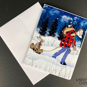 Handgemachte Grußkarte, Alter Mann und Hase, Winter Grußkarte, Blanko Karte, individualisierbare Karte, 14,5 x 14,5 cm