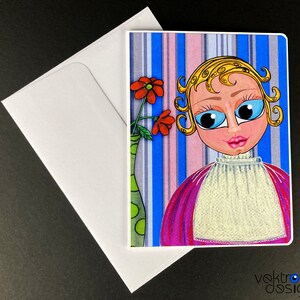 Handgemachte Grußkarte, Mädchen mit Blumen, Geburtstagskarte, Freundschaftskarte, Geburtstagsgeschenk, 12 x 14 cm, Innen blanko, Personalisierbare Karte