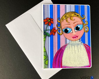 Handmade Greeting Card, Girl wit Flowers, Birthday Card, Friendship Card, Birthday Gift, 4.25 x 5.5 inch, Blank Inside, Customizable Card