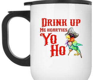Pirates of the Caribbean White Travel Mug, Drink up me hearties yo ho cup, Adventureland gifts, Parrot gift, Pirate merch