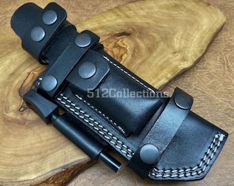 Handgemaakte zwarte rundleer messenschede: Bushcraft, campingjacht 23 cm