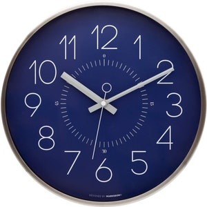 Marksson - Blue - Kinney No-Ticking Silent Wall Clock - 12 inch Quartz - Stainless Steel, Premium Grade, High End - Modern Minimalist
