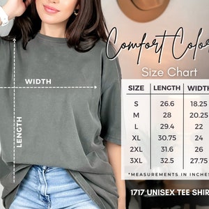 Comfort colors unisex shirt size chart. Relaxed fit. Size up 1-2 sizes for an oversized fit.