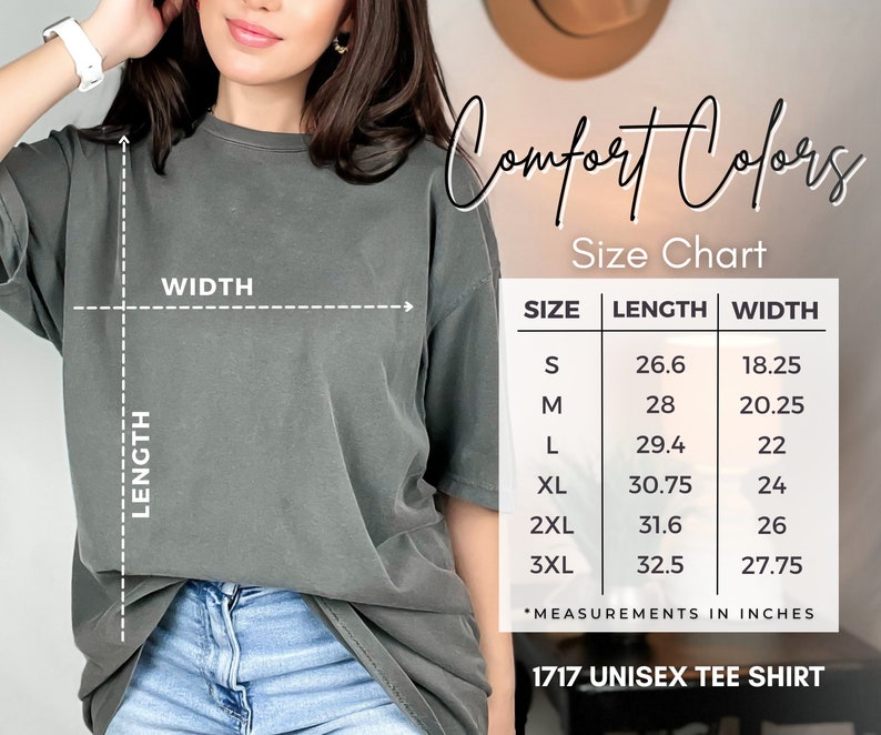 Comfort colors unisex shirt size chart. Relaxed fit. Size up 1-2 sizes for an oversized fit.