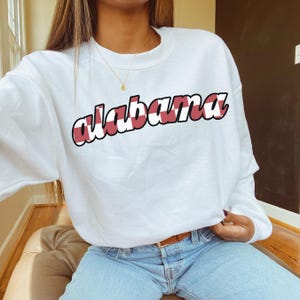 Alabama Crewneck, Trendy Alabama Sweatshirt, Red Checkered AL Tailgate Apparel, Preppy Alabama Sweater, College Gameday Apparel
