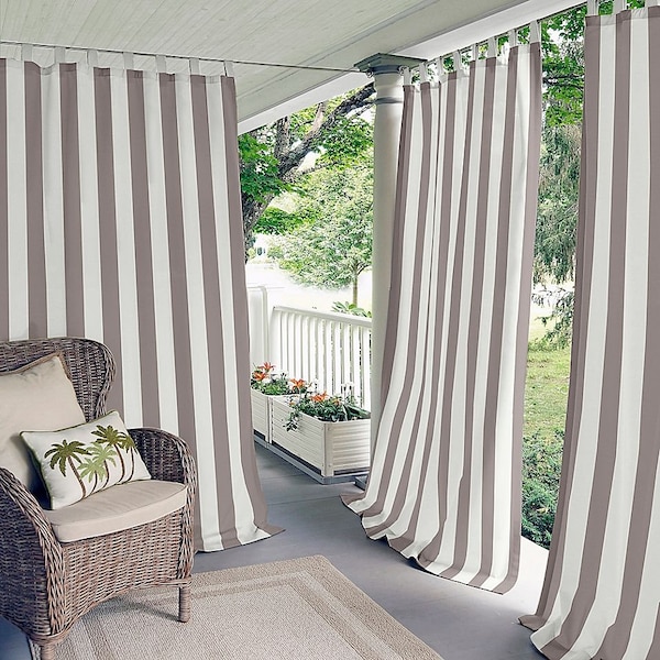 Stripe Custom Sunbrella Curtain Panel with Rod Tabs- Custom Length Drapery - Indoor / Patio / Outdoor Curtains - Wide Width Outdoor Drapes