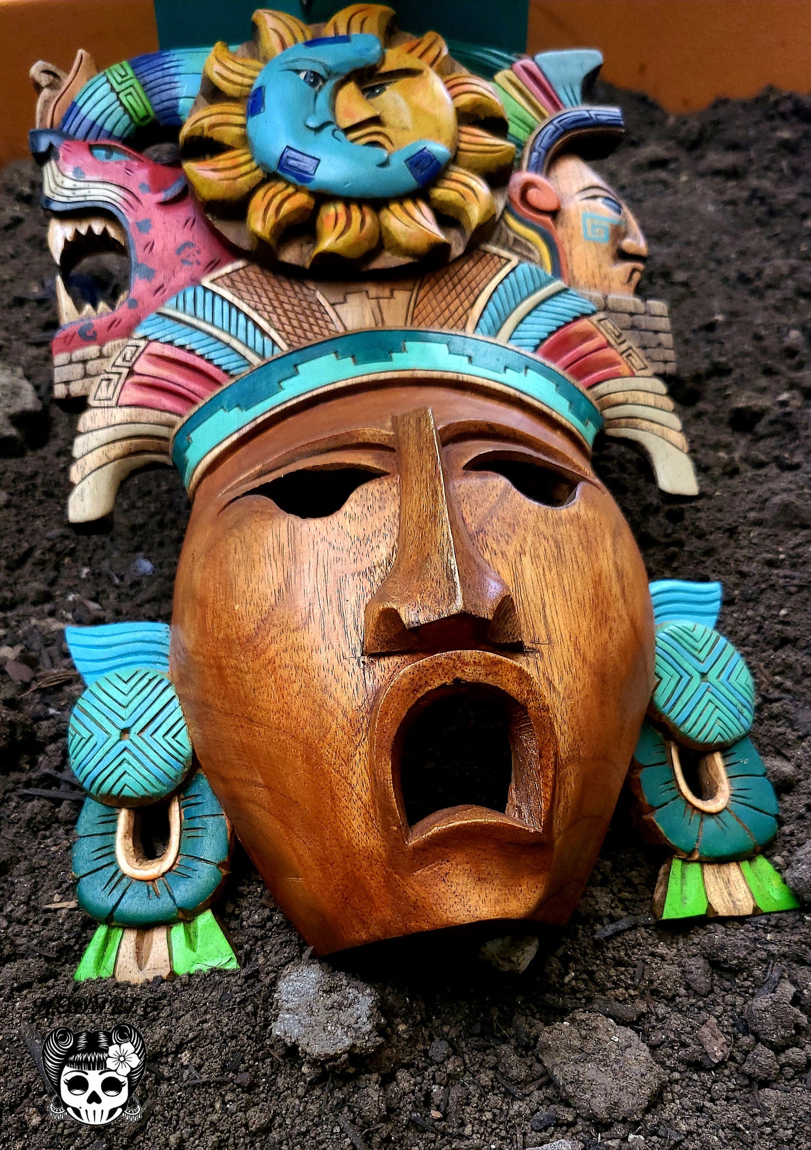 Mayan Mask Mexican Hand Carved Cedar Maya Folk Art Aztec Decor Etsy