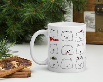 Samoyed Doodles Holiday Mug, Festive Coffee/Tea/Hot Chocolate Cup - Florida Snowflakes Custom Designs