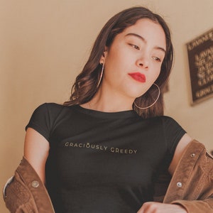 Graciously Greedy Findom Crop Top Financial Domination Fetish Sexy Kinky Cropped Short Sleeve Shirt image 1