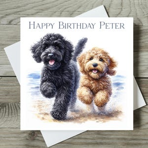 May include: Happy Birthday Peter card featuring a black and a brown doodle dog running on a beach.