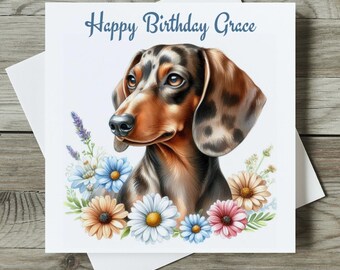 Dachshund Birthday Card Personalised Dapple Sausage Dog Card Dog Mum / Friend Any Name
