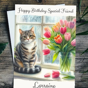 Cat Birthday Card Personalised Pet Greetings Card For Her, Tabby Cat Mum, Nana or Friend