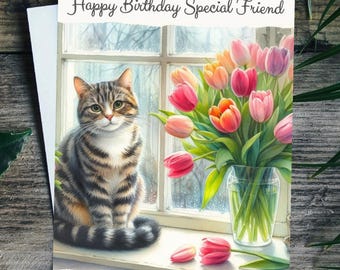 Cat Birthday Card Personalised Pet Greetings Card For Her, Tabby Cat Mum, Nana or Friend