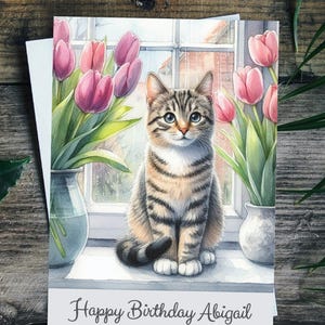 Cat Birthday Card Personalised Pet Greetings Card For Her, Tabby Cat Mum, Nana or Friend