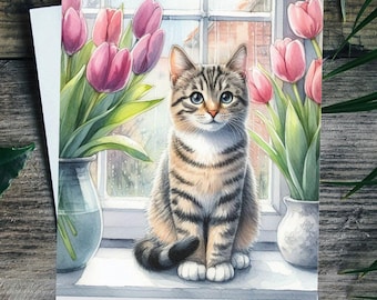 Cat Birthday Card Personalised Pet Greetings Card For Her, Tabby Cat Mum, Nana or Friend