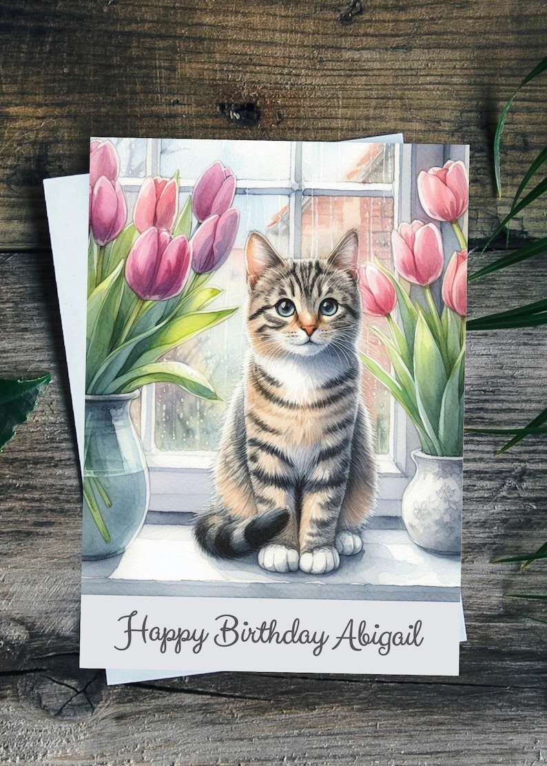 Cat Birthday Card Personalised Pet Greetings Card for Her, Tabby Cat ...