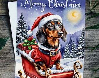 Christmas Card Sausage Dog, Dachshund Dog Single Card or 4 pack