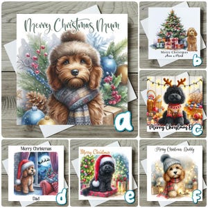 May include: A collection of six square Christmas greeting cards featuring watercolour-style illustrations of dogs. Each card displays a different canine in festive attire, such as hats and scarves, surrounded by holiday decorations like trees and ornaments.