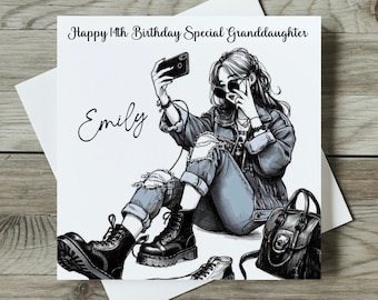 May include: A birthday card with a black and white illustration of a young person taking a selfie with a smartphone. The card has the text "Happy 14th Birthday Special Granddaughter Emily" on the front.