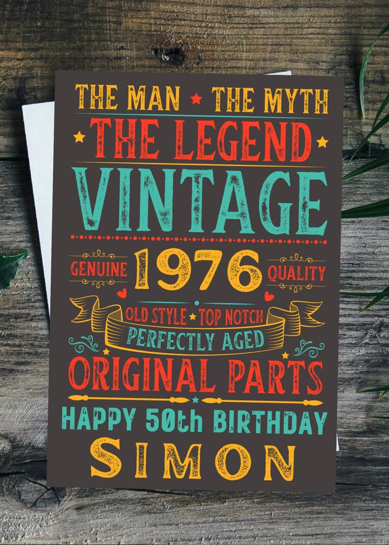 Personalised 50th Birthday Card For Him Vintage Male 1976 Any Name 50 Years Old image 2