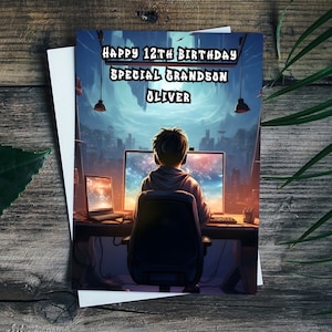 May include: A birthday card with a gamer theme. The card features a young person sitting in front of a computer screen with a city skyline in the background. The text on the card reads "Happy 12th Birthday Special Grandson Oliver".