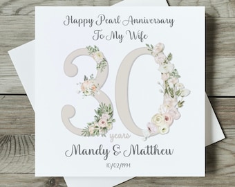Pearl 30th Wedding Anniversary Card Wife / Husband Greeting Card Personalised