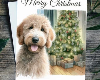 May include: A Christmas card featuring a watercolor illustration of a fluffy, light brown dog with its tongue out. The card reads "Merry Christmas & Happy New Year" with a decorated Christmas tree and presents in the background.