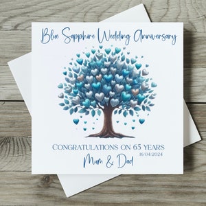 Personalised Blue Sapphire 65th Wedding Anniversary Card