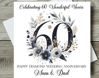 Personalised Diamond 60th Wedding Anniversary card, 60 years married, any names relations, Mum & Dad