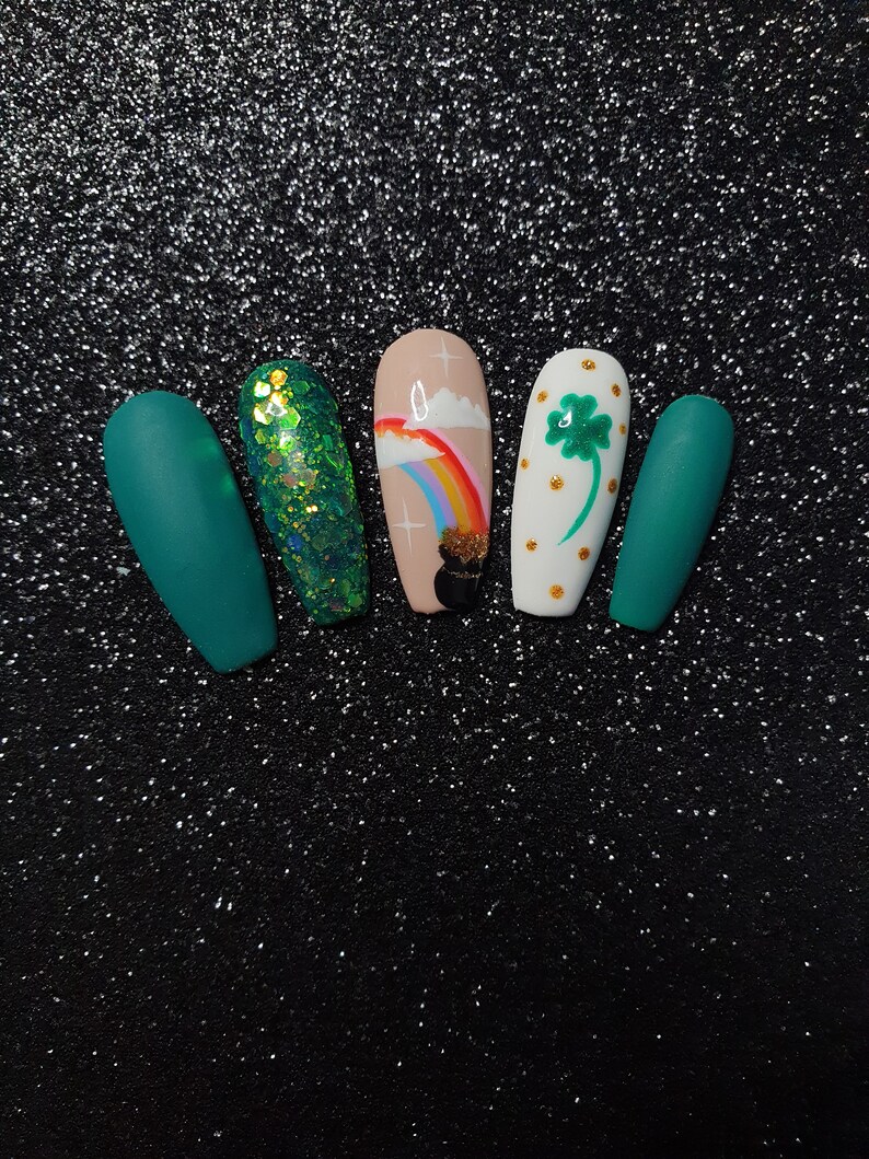 Pot O' Gold Luxury Handmade Press On Nail Set St. Patrick's Day image 3